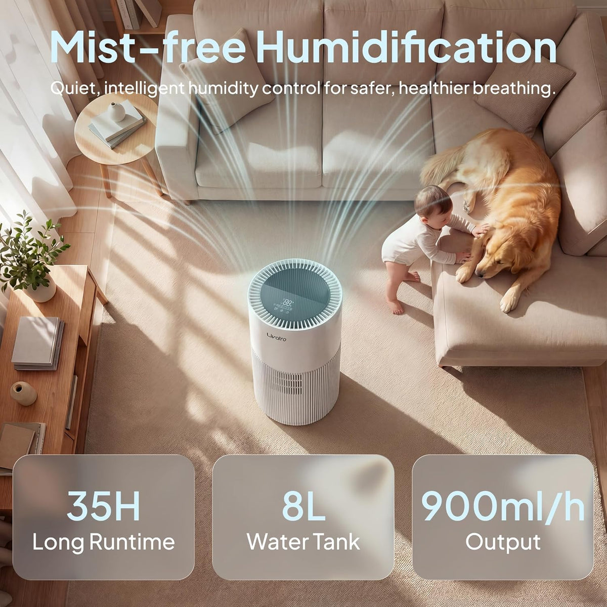 Smart Evaporative Humidifier for Whole House, 8L Top Fill Tank, Auto Drying Filter, Invisible Mist for Bedroom & Baby Sleep