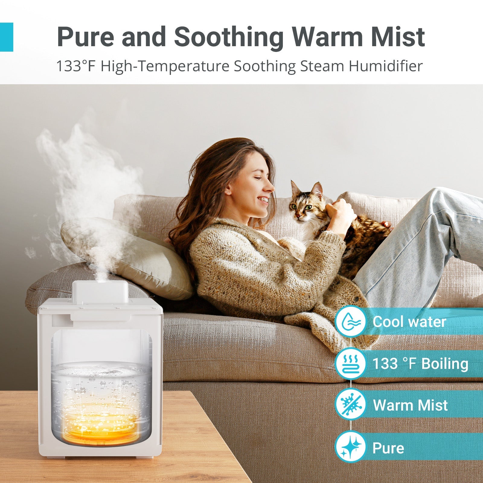 Livatro 3L Stainless Steel Warm Mist Humidifier, Easy Clean, Warm Steam, Sleep Mode & Auto-off, Healthy Air for Bedroom & Living Room