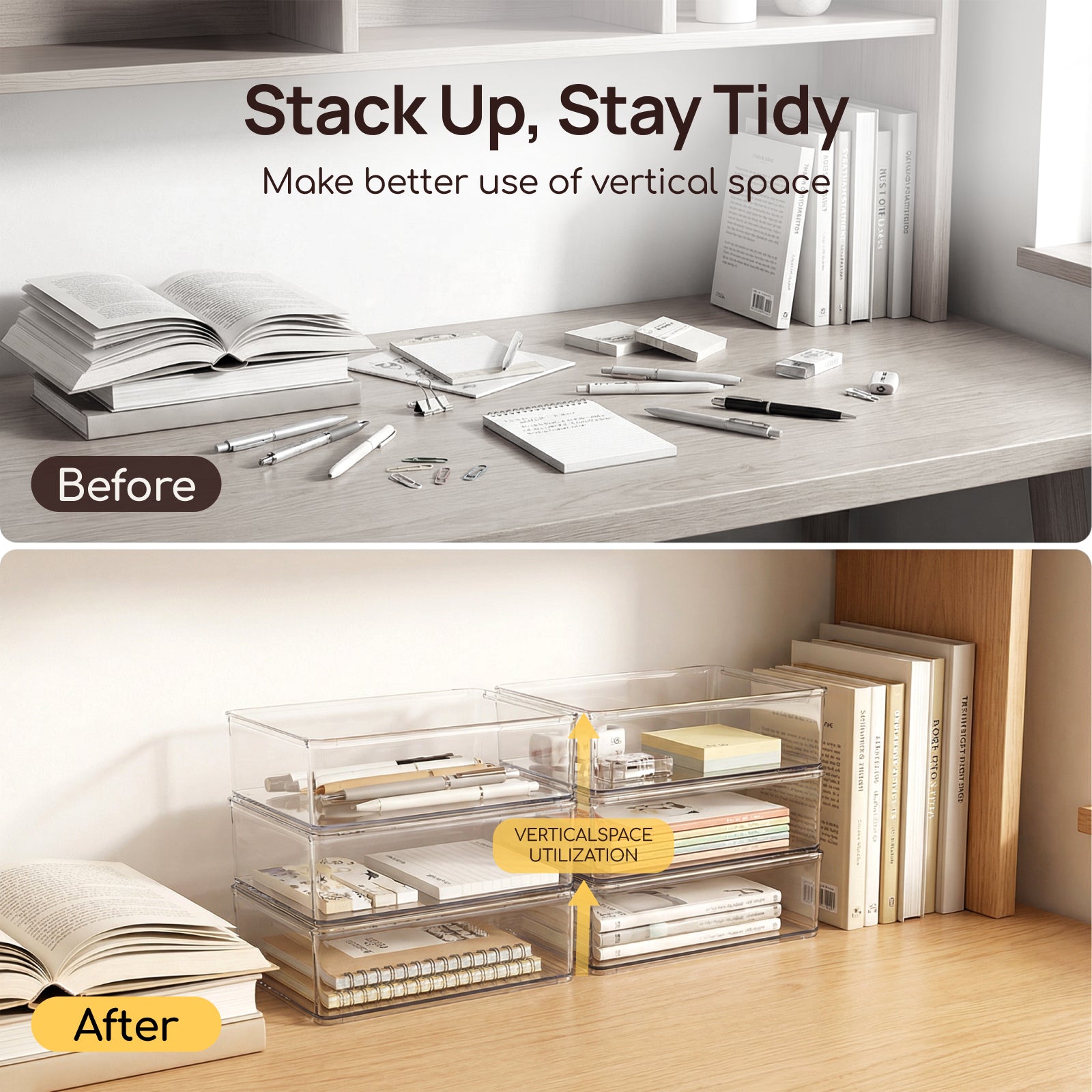 Viviendo clear storage boxes stack up and stay tidy before after