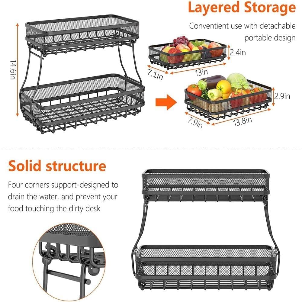 ADIVO 2 Tier Fruit Bowl Carbon Steel Kitchen Fruit and Vegetable Storage Basket