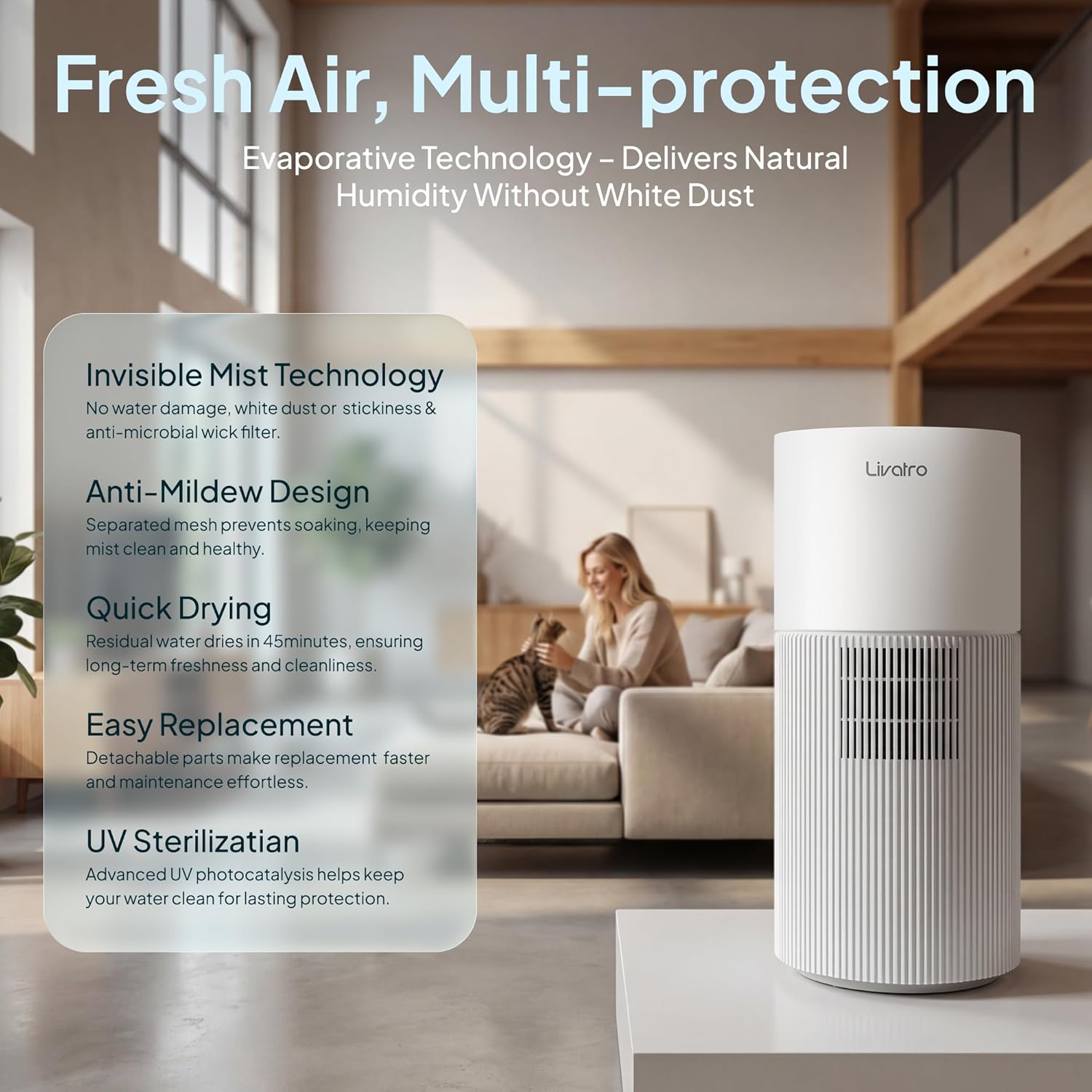 Smart Evaporative Humidifier for Whole House, 8L Top Fill Tank, Auto Drying Filter, Invisible Mist for Bedroom & Baby Sleep