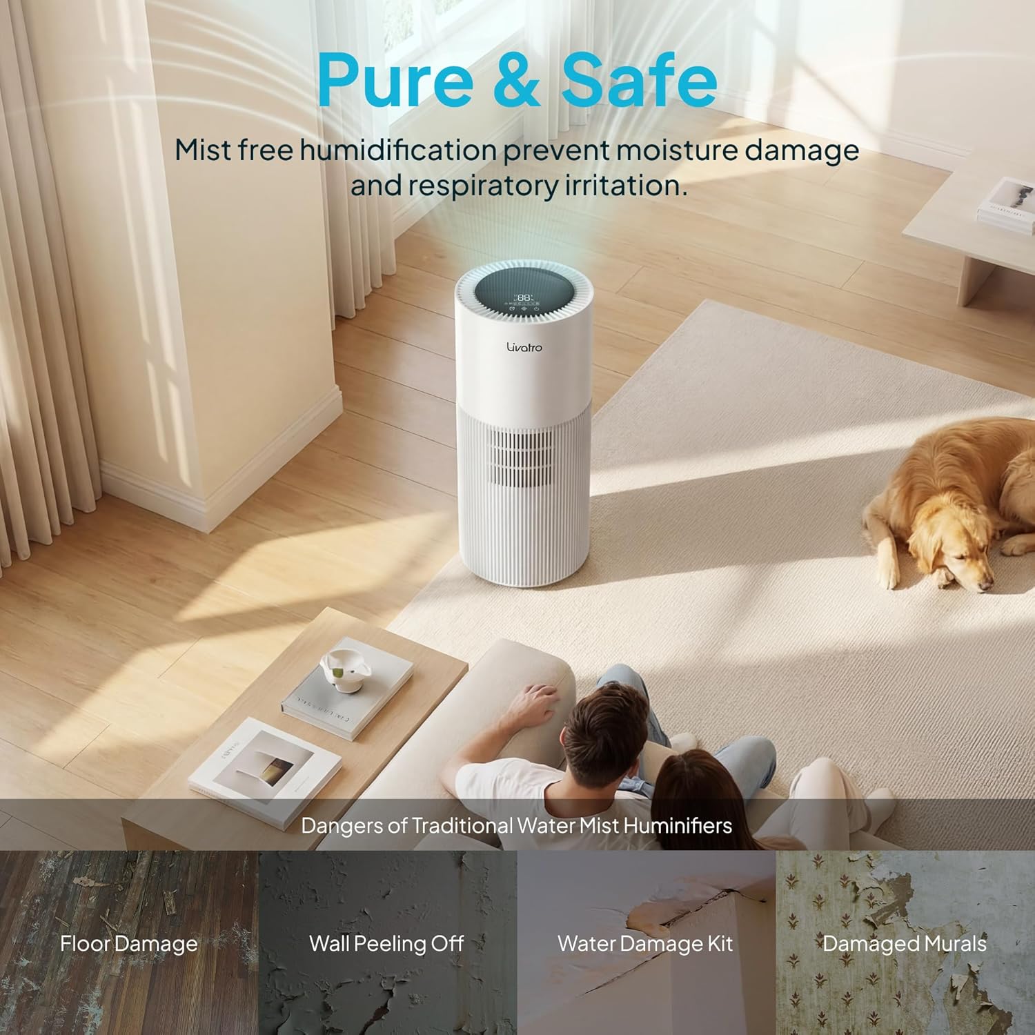 Smart Evaporative Humidifier for Whole House, 8L Top Fill Tank, Auto Drying Filter, Invisible Mist for Bedroom & Baby Sleep