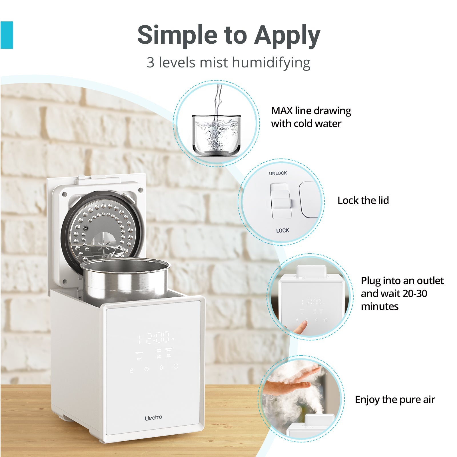 Livatro 3L Stainless Steel Warm Mist Humidifier, Easy Clean, Warm Steam, Sleep Mode & Auto-off, Healthy Air for Bedroom & Living Room