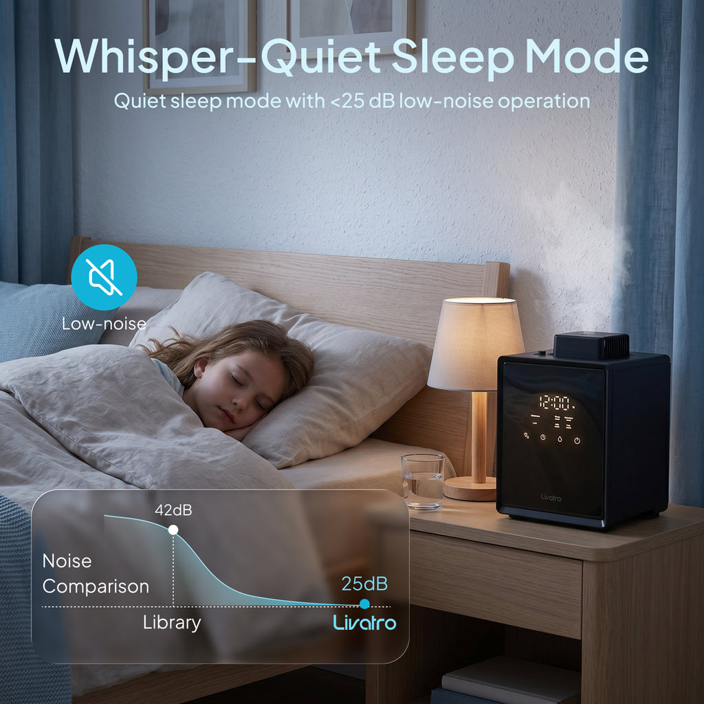 Livatro 3001 black steam humidifier in bedroom sleep mode