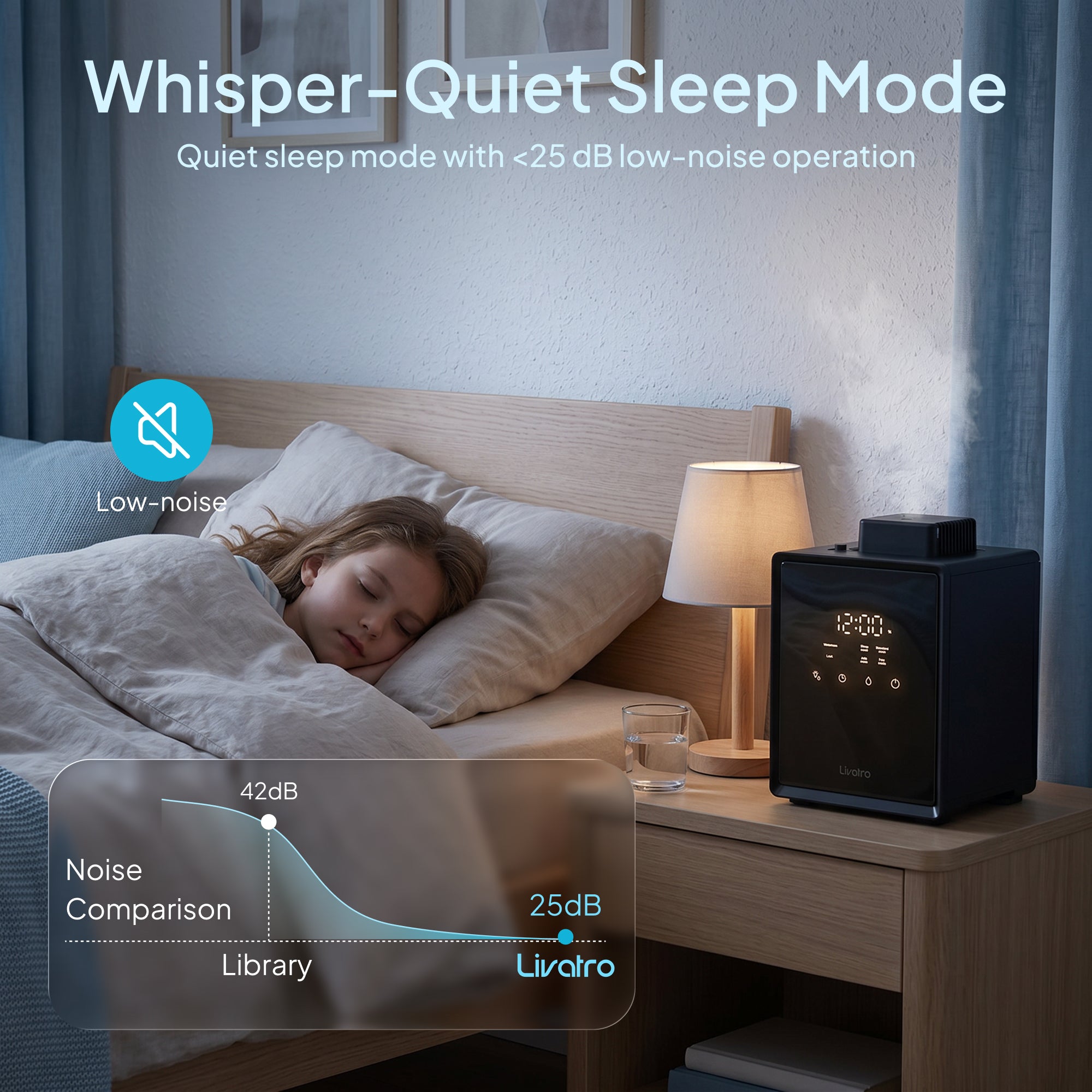 Livatro 3001 black steam humidifier in bedroom sleep mode