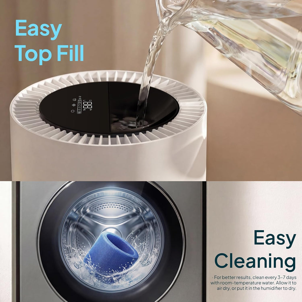 Smart Evaporative Humidifier for Whole House, 8L Top Fill Tank, Auto Drying Filter, Invisible Mist for Bedroom & Baby Sleep