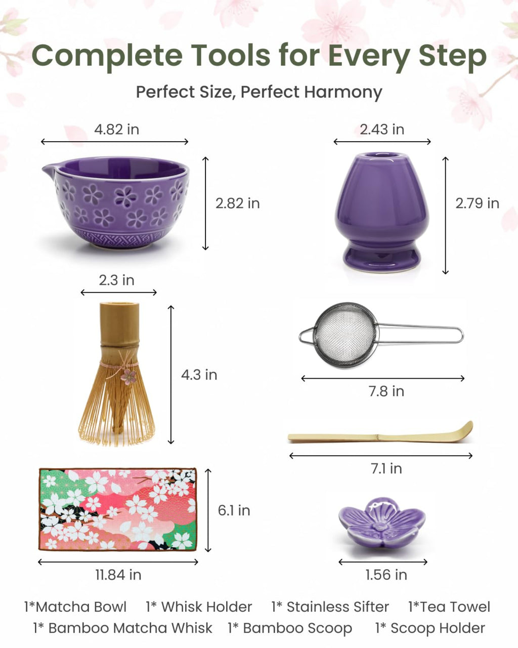 Adivo 7-Piece Matcha Whisk Set with Ceramic Bowl, Bamboo Scoop, Sifter, Holder & Towel | Matcha Gift Kit