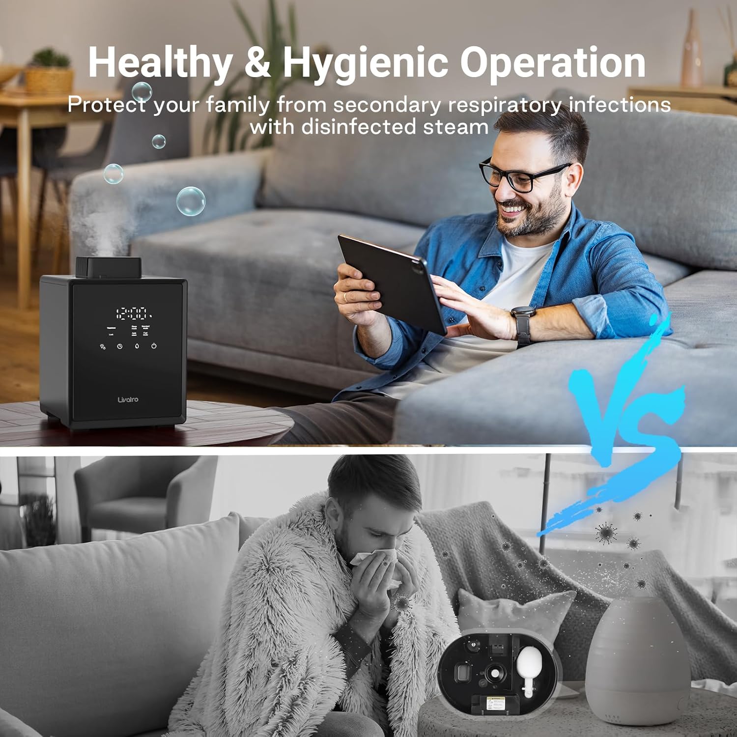 Livatro 3L Stainless Steel Warm Mist Humidifier, Easy Clean, Warm Steam, Sleep Mode & Auto-off, Healthy Air for Bedroom & Living Room
