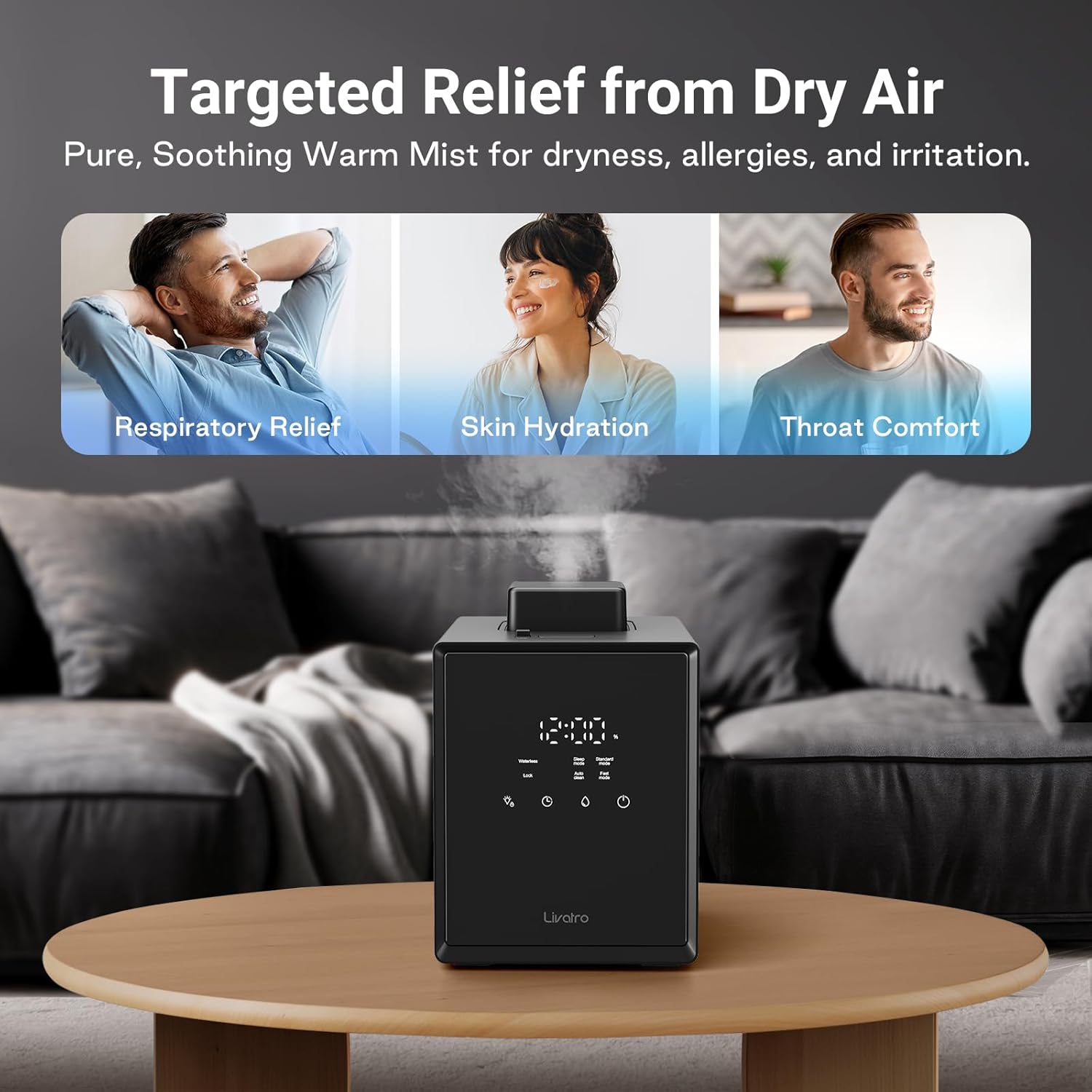 Livatro 3L Stainless Steel Warm Mist Humidifier, Easy Clean, Warm Steam, Sleep Mode & Auto-off, Healthy Air for Bedroom & Living Room