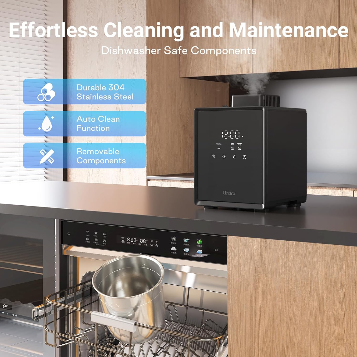 Livatro 3L Stainless Steel Warm Mist Humidifier, Easy Clean, Warm Steam, Sleep Mode & Auto-off, Healthy Air for Bedroom & Living Room
