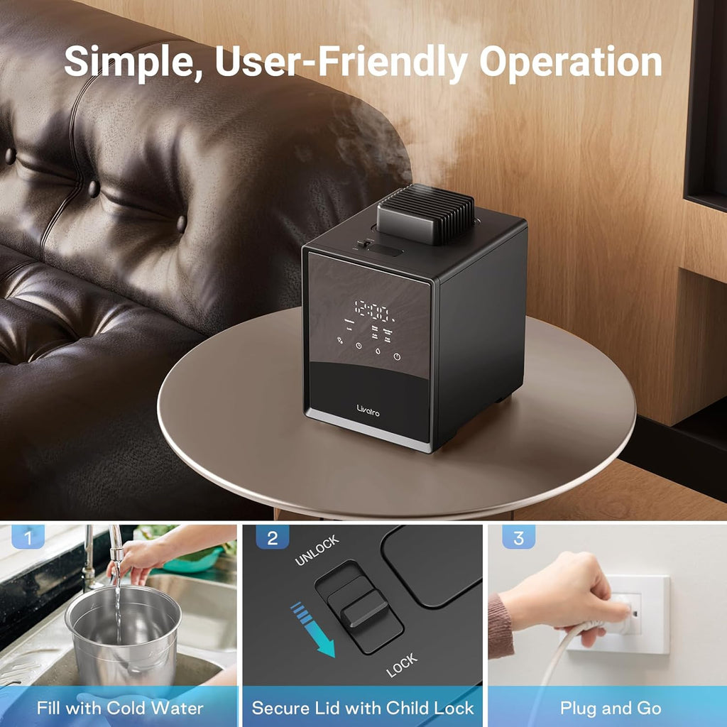 Livatro 3L Stainless Steel Warm Mist Humidifier, Easy Clean, Warm Steam, Sleep Mode & Auto-off, Healthy Air for Bedroom & Living Room