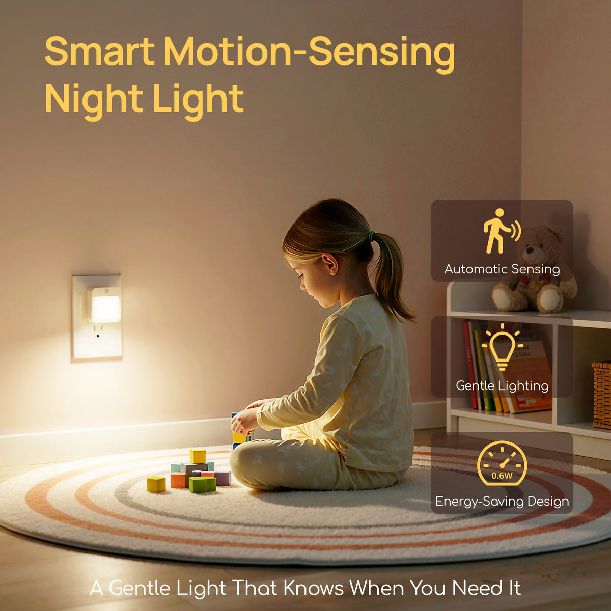 Plug-In Motion Sensor Night Light, Dusk-to-Dawn LED with Stepless Dimming, Energy-Saving