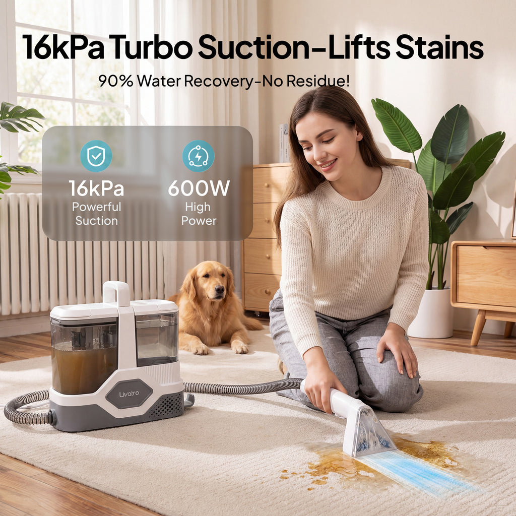 Livatro Upholstery Cleaner Machine – 16kPa Suction, 600W, 2300ml Tank, Self-Cleaning Hose, Portable Carpet & Sofa Spot Cleaner