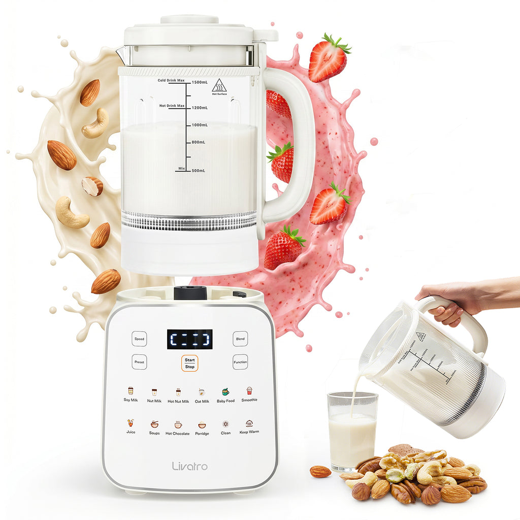 Livatro Nut Milk Maker – 50.7oz, 12-in-1 Automatic, Detachable Glass Jar, Self-Clean, 24H Delay & Keep Warm, BPA Free