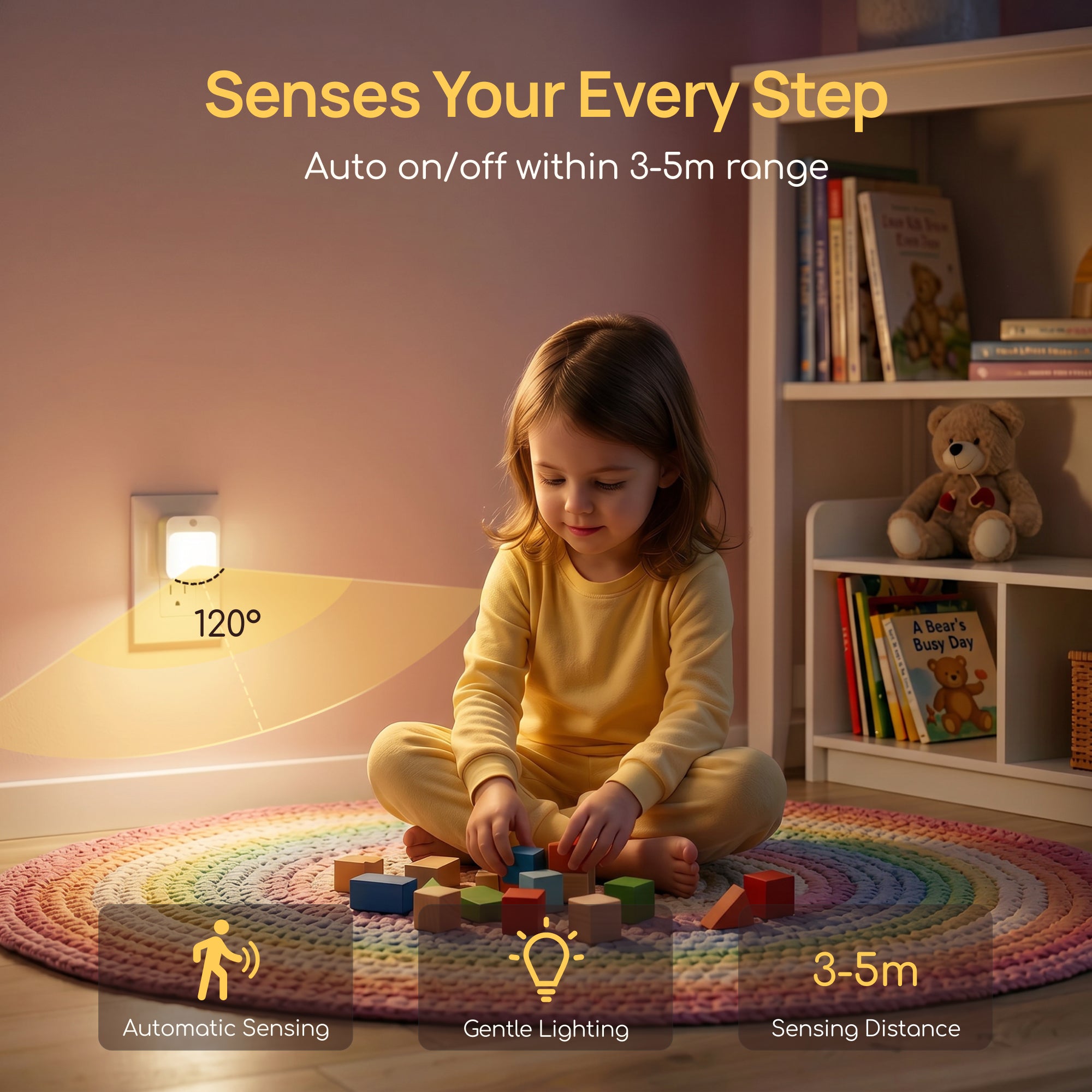 FeelAtHome Motion Sensor Night Light – 3000K Warm Light, Stepless Dimming, Dusk-to-Dawn Auto On/Off