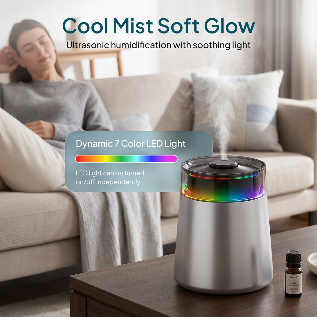 Livatro 7L Ultrasonic Cool Mist Humidifier – Top Fill, 304 Stainless Steel, 24dB Quiet, 7‑Color LED, 35H Run Time, 650 sq ft