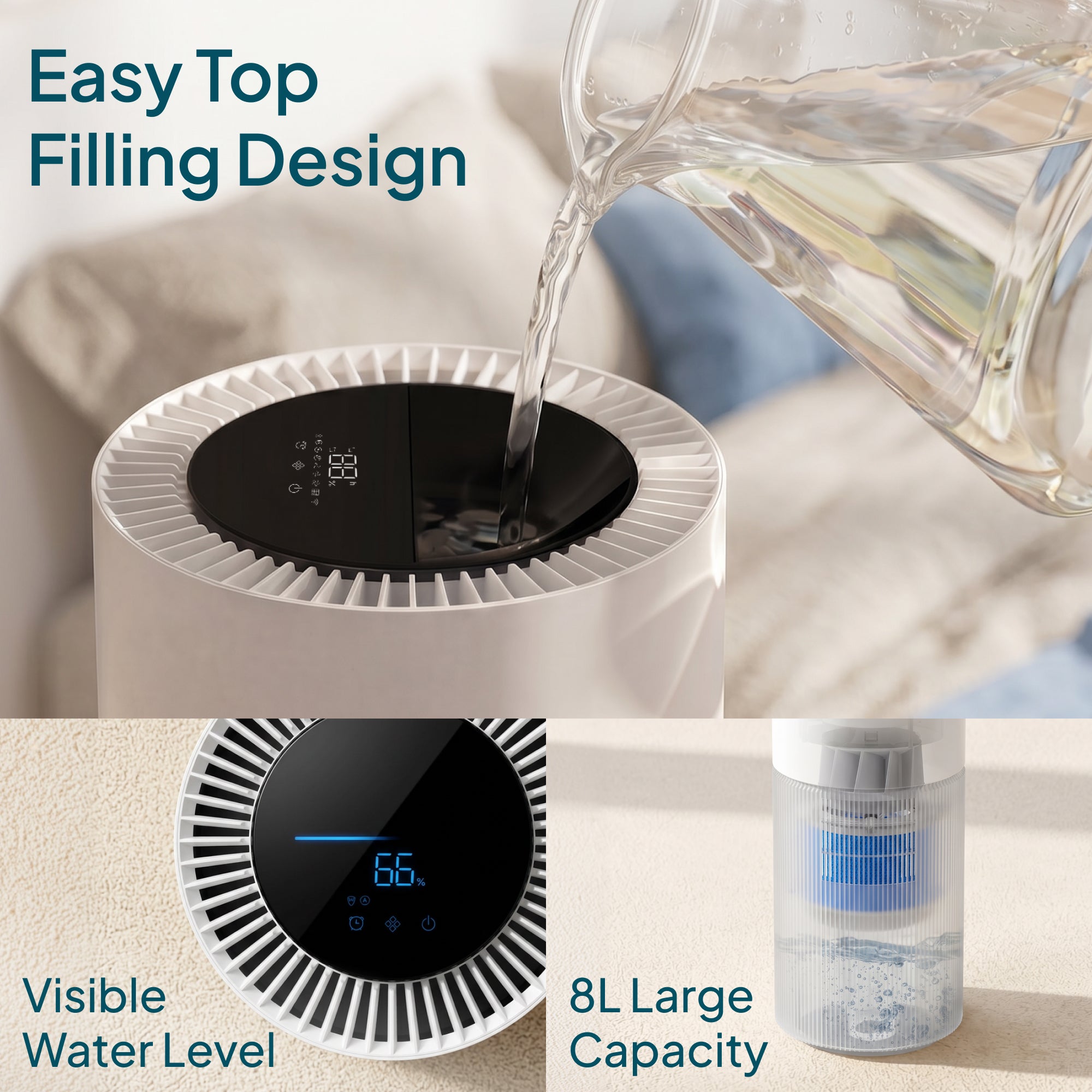 Livatro 8L Evaporative Humidifier – Top Fill, Auto-Dry Filter, Invisible Mist, AI Humidity Control, 28dB, Covers 1000 sq ft
