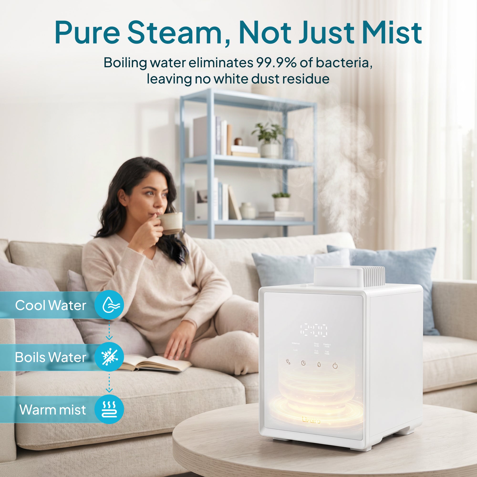 Livatro 3L Warm Mist Humidifier – 304 Stainless Steel Tank, Auto-Clean, Sleep Mode (＜25 dB), Child Lock & Auto-Off, ETL Listed