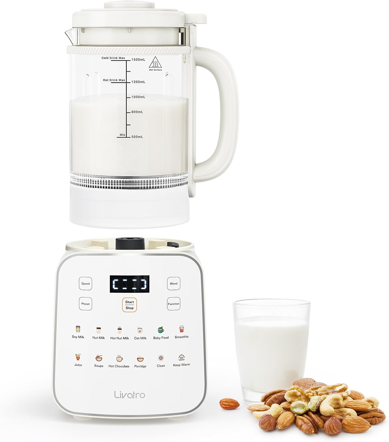Livatro 50.73oz Nut Milk Maker, 12-in-1 Automatic Soy Milk Machine with Detachable Design, Oat & Almond Milks, 24H Delay, Keep Warm, Auto-Clean