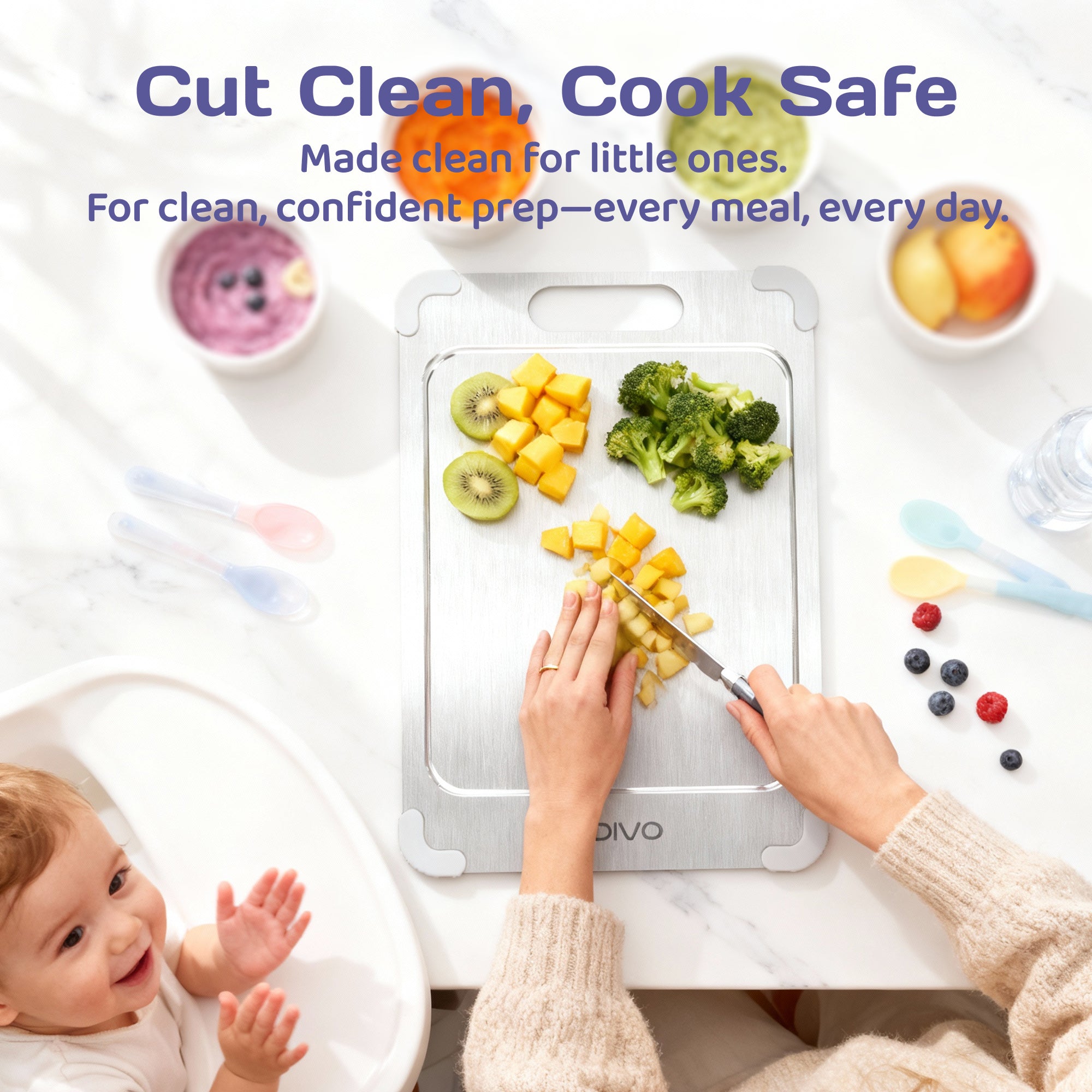 ADIVO Titanium Cutting Board, Double-Sided 100% Pure Titanium, Non-Porous Easy Clean with Juice Groove & Non-Slip Corners