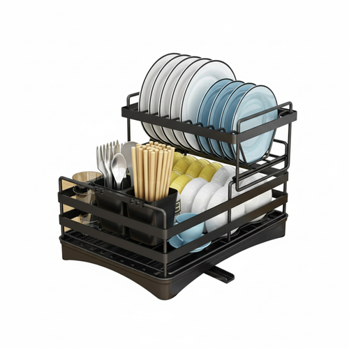 2 tier Dish Drainer Kitchen Counter Dish Rack with Cutlery Holder, Drip Tray