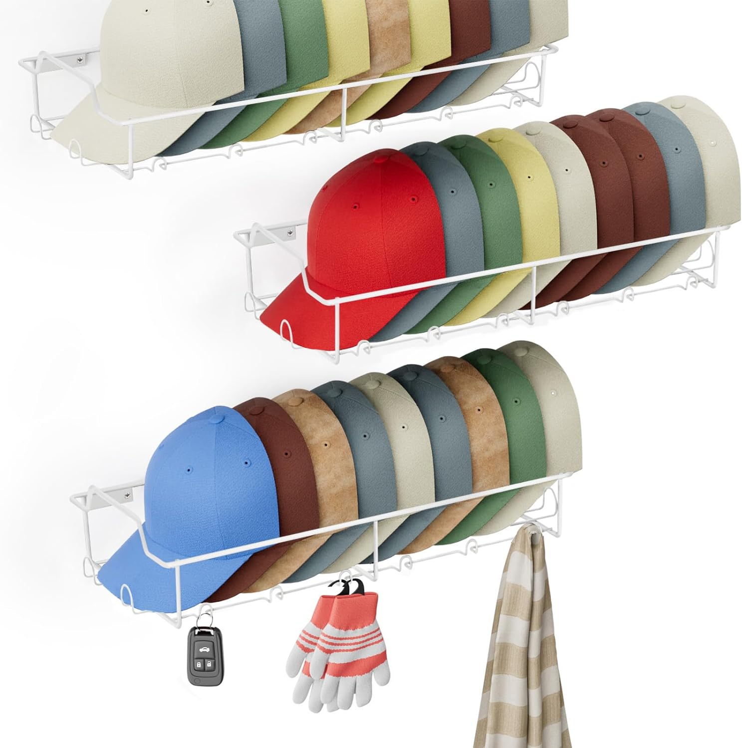 Hat Organizer Racks for Baseball Caps - Metal Hat Storage Holder Shelves for Wall Fit 20 Caps - 3 Pack, White