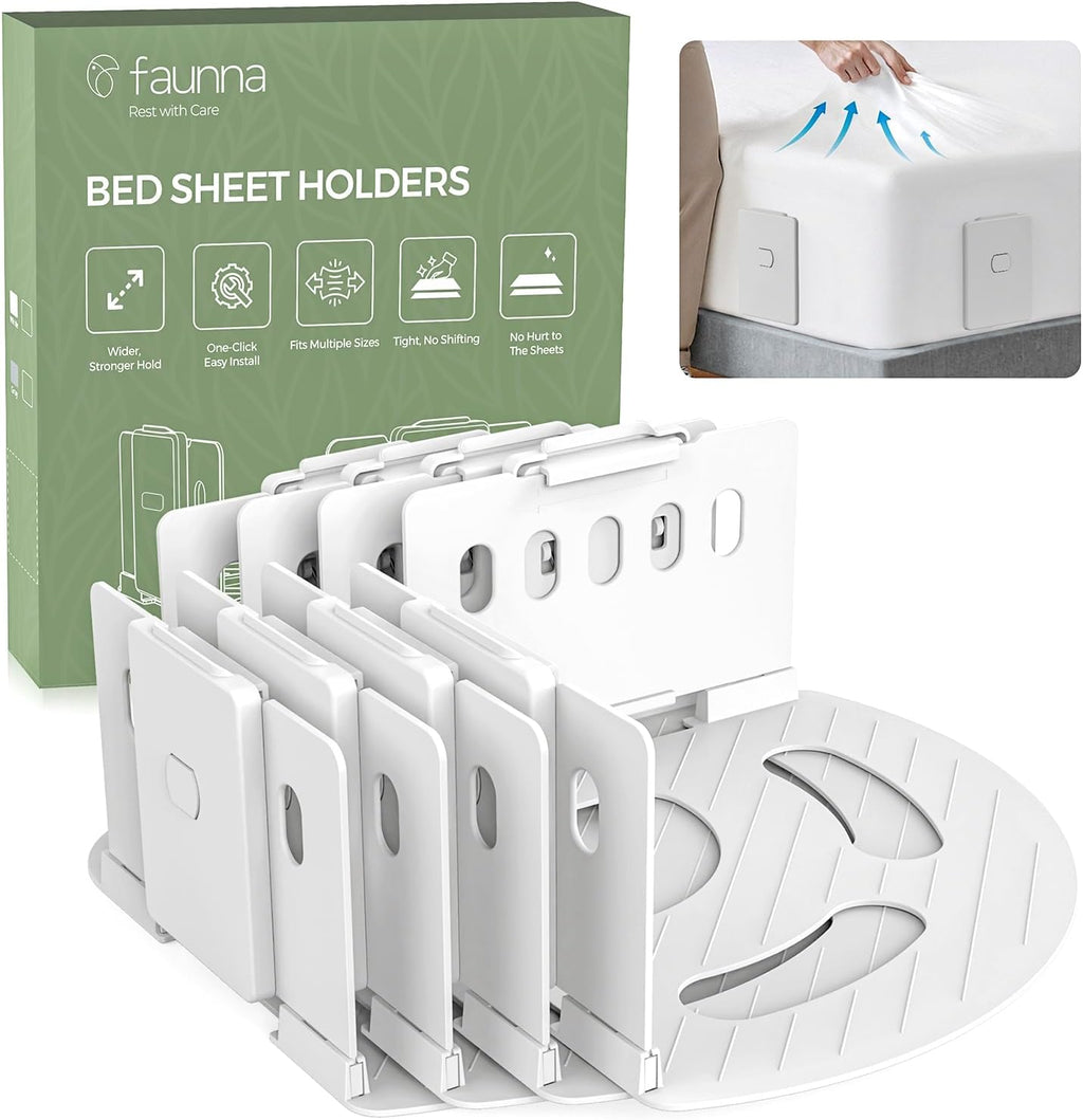 Faunna Bed Lock Sheet Holders, Upgrade Straps Keep Sheets Firm & Tight, Fitted Sheet Clips for Corners, Easy One-Time Installation, White