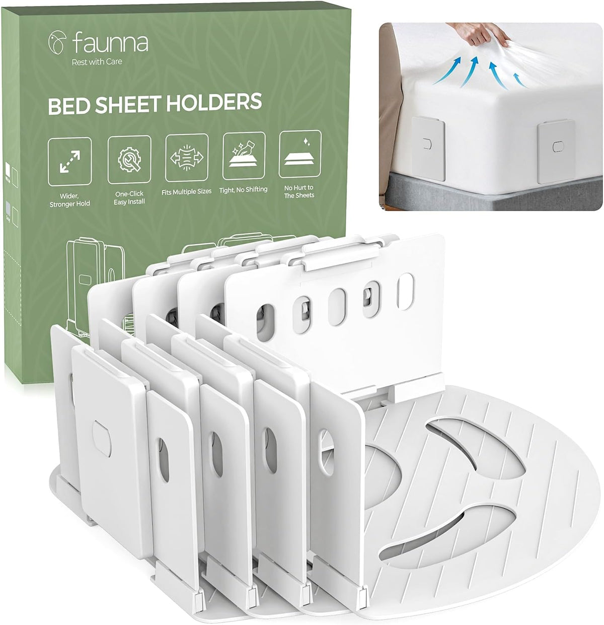 Faunna Bed Lock Sheet Holders, Upgrade Straps Keep Sheets Firm & Tight, Fitted Sheet Clips for Corners, Easy One-Time Installation, White
