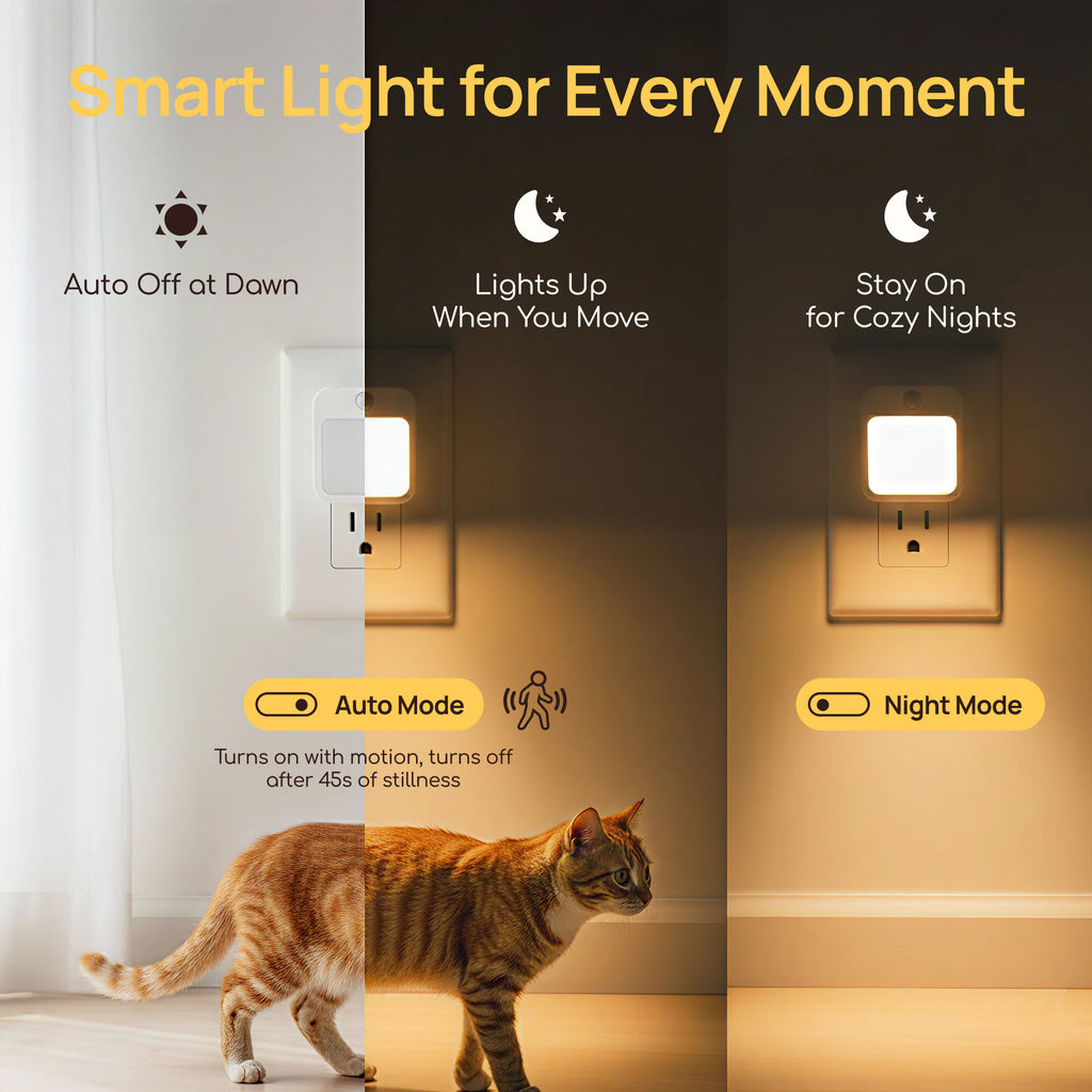 Plug-In Motion Sensor Night Light, Dusk-to-Dawn LED with Stepless Dimming, Energy-Saving