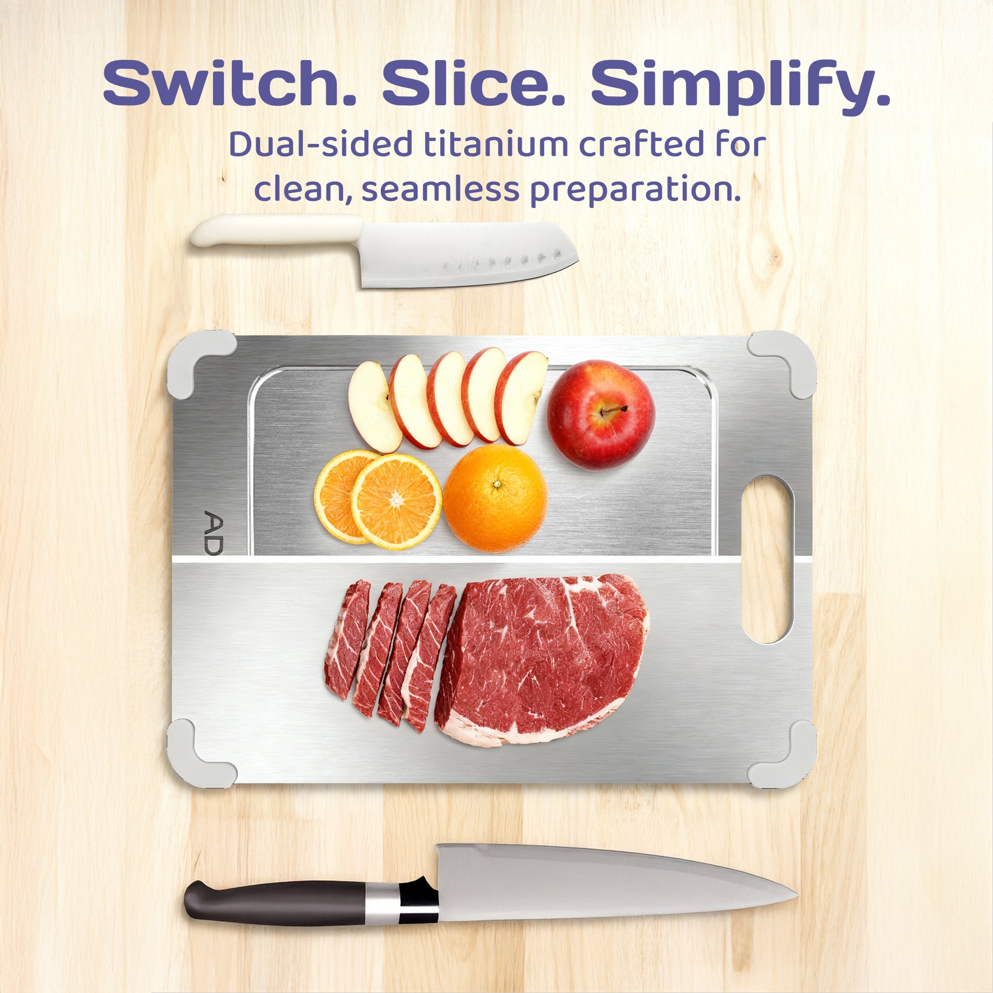 ADIVO Titanium Cutting Board, Double-Sided 100% Pure Titanium, Non-Porous Easy Clean with Juice Groove & Non-Slip Corners