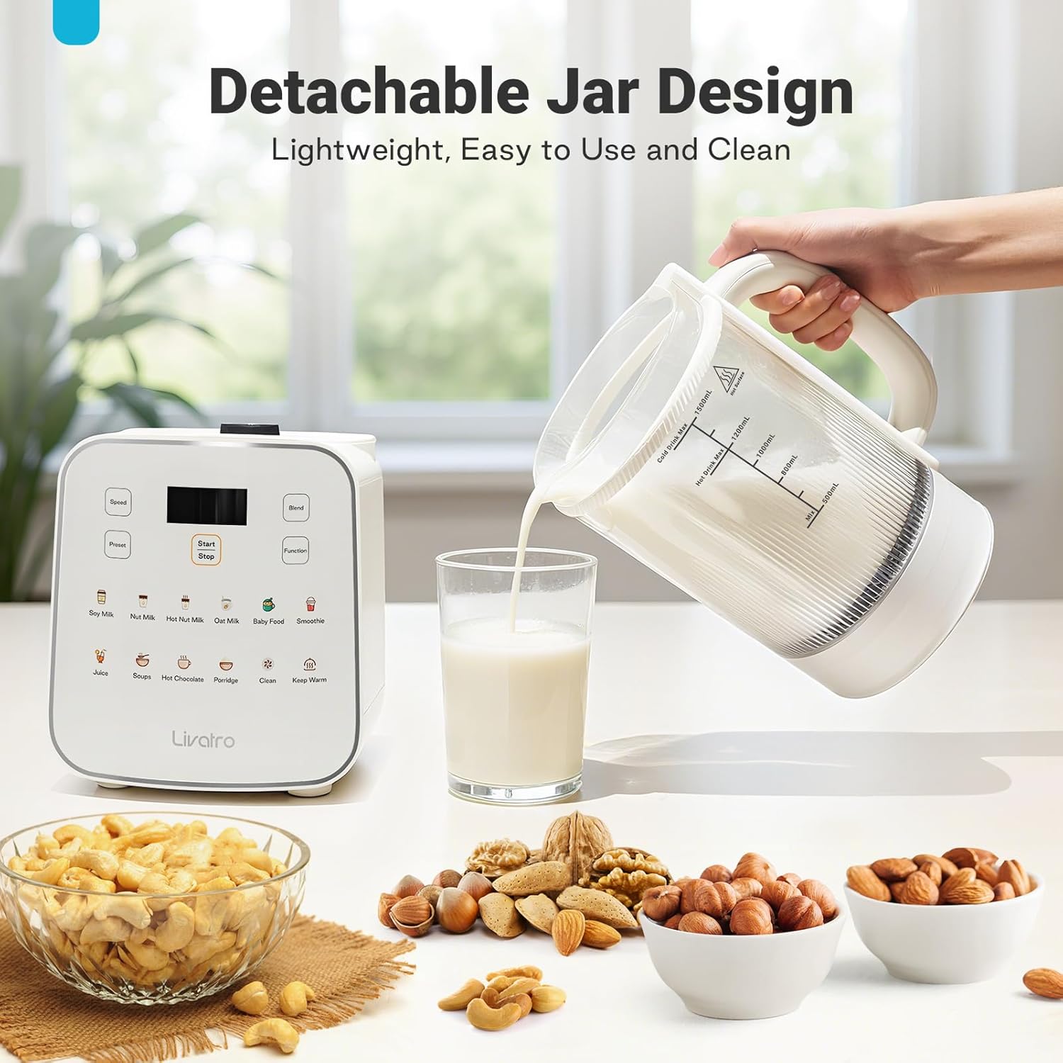 Livatro 50.73oz Nut Milk Maker, 12-in-1 Automatic Soy Milk Machine with Detachable Design, Oat & Almond Milks, 24H Delay, Keep Warm, Auto-Clean