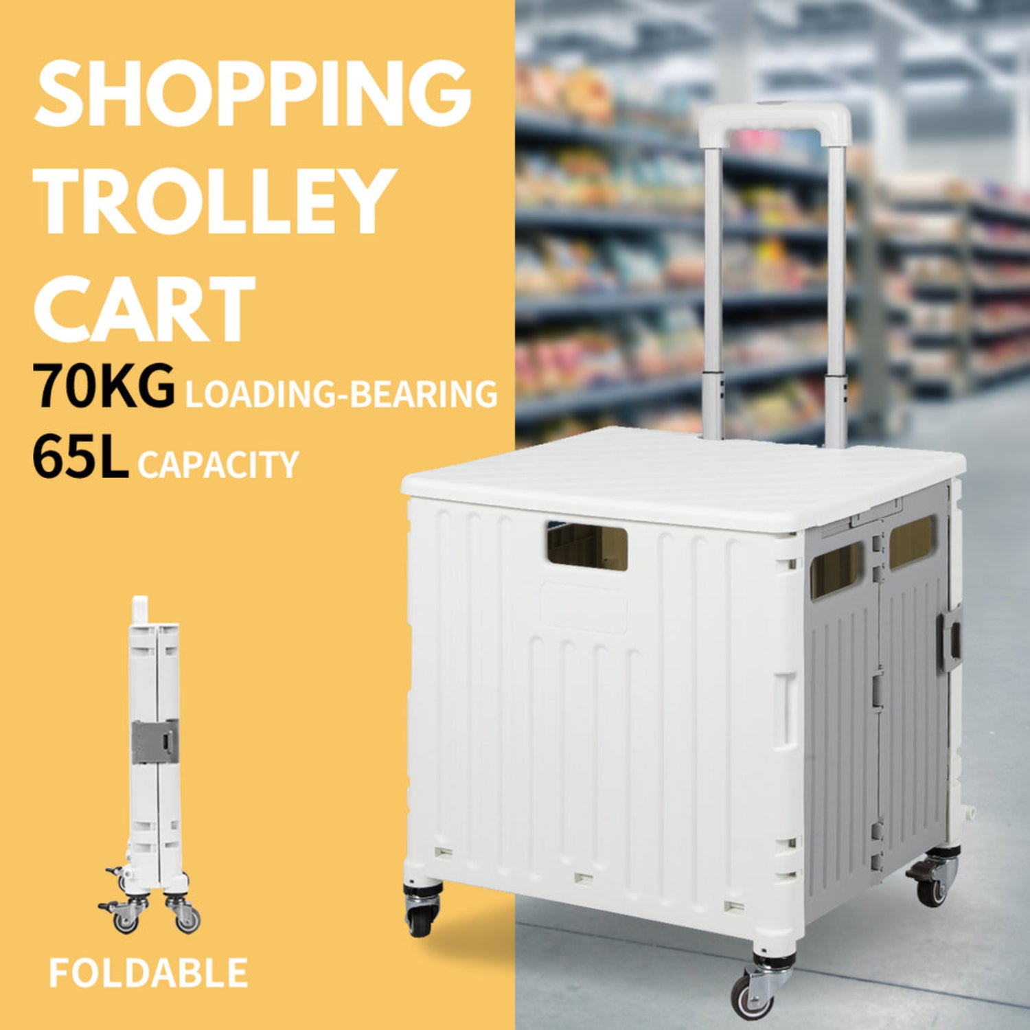 Viviendo 65L Foldable Shopping Trolley Cart Portable Grocery Basket Rolling Wheel with Top Cover
