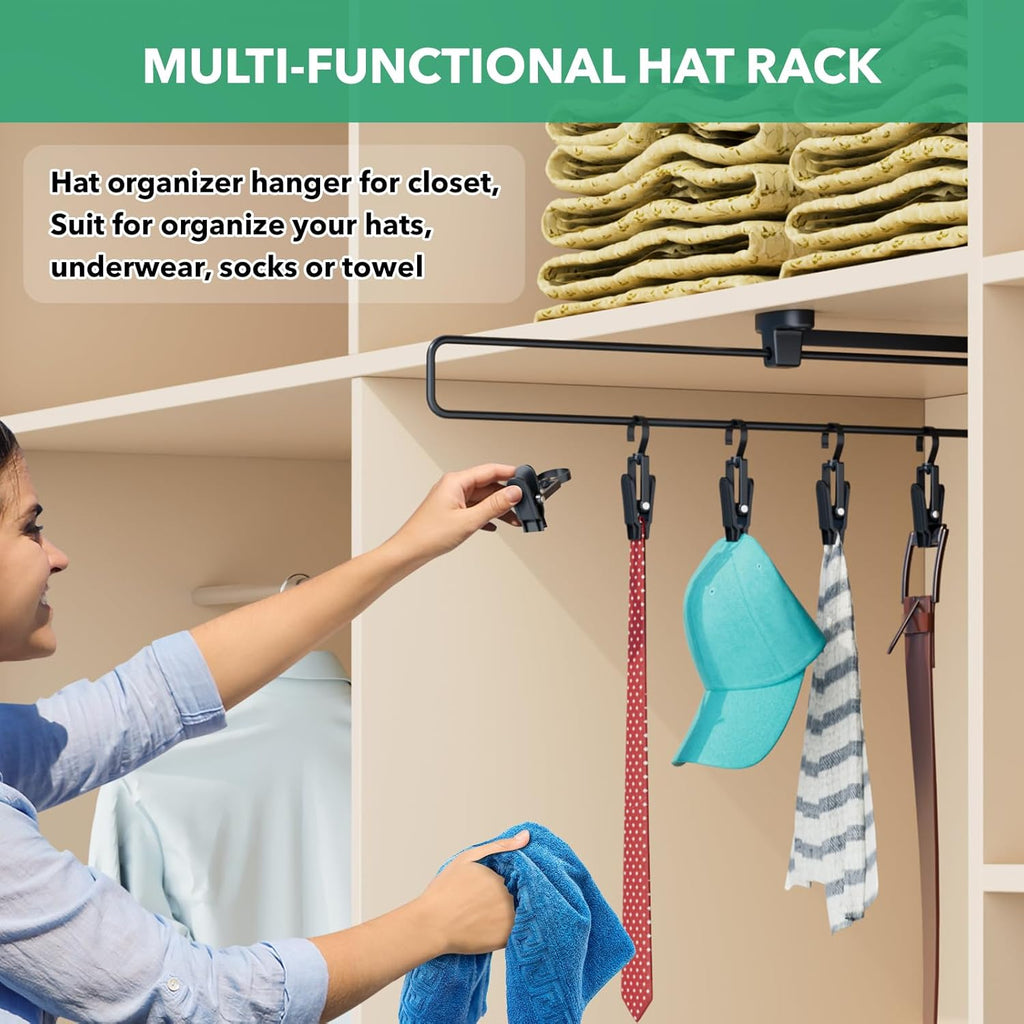 Closet Hat Rack with 20 Clips, Sliding Organizer for Caps, Beanies & Sun Hats, 2 Pack Hanging Storage for Closet Rods, Black