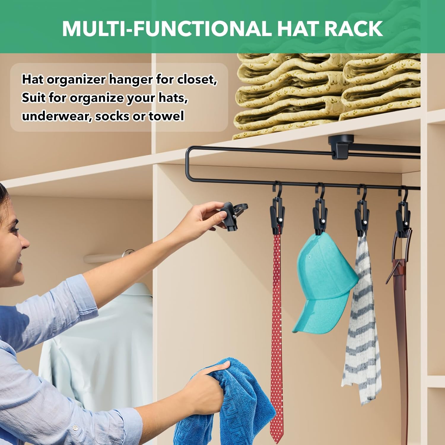 Closet Hat Rack with 20 Clips, Sliding Organizer for Caps, Beanies & Sun Hats, 2 Pack Hanging Storage for Closet Rods, Black