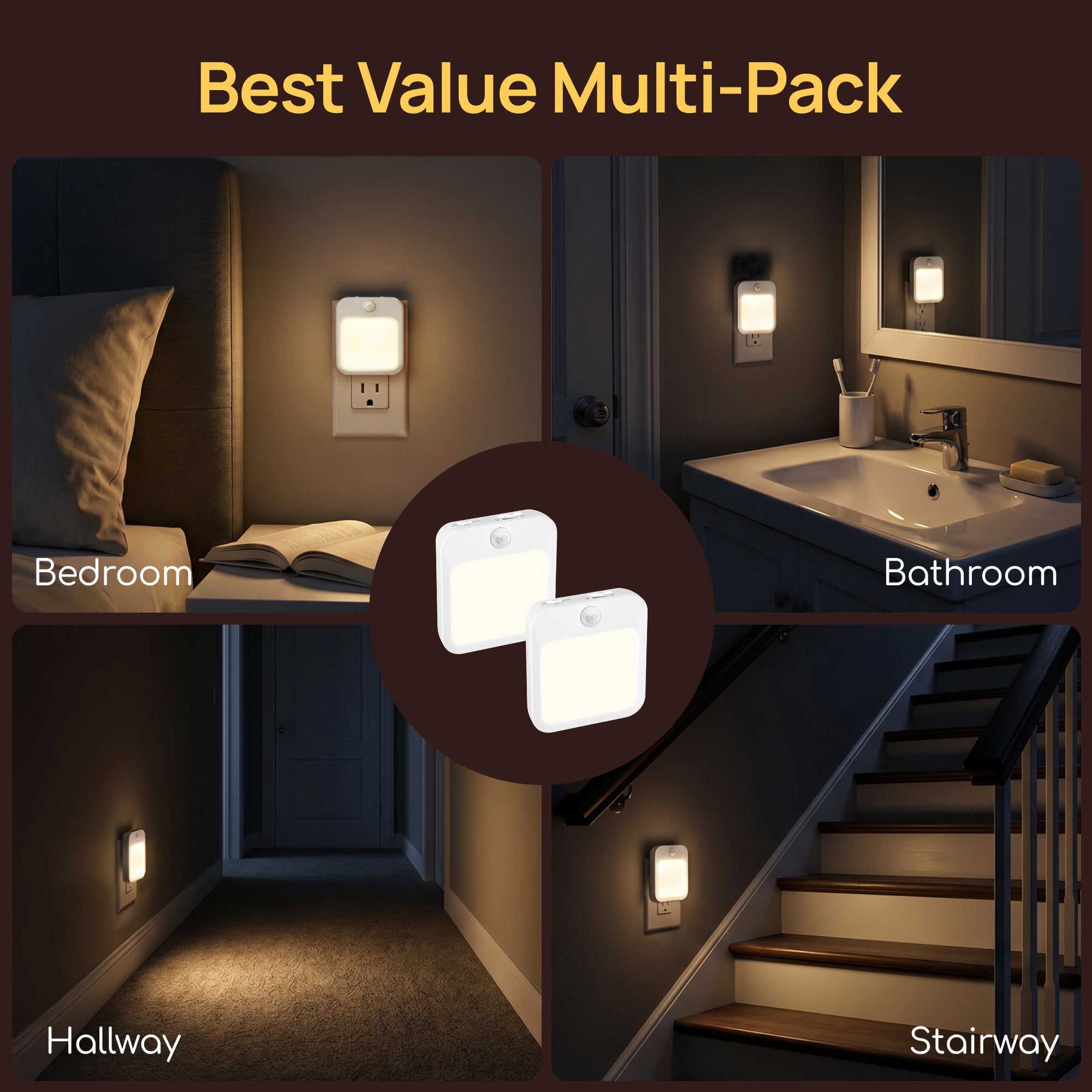 FeelAtHome Motion Sensor Night Light – 3000K Warm Light, Stepless Dimming, Dusk-to-Dawn Auto On/Off