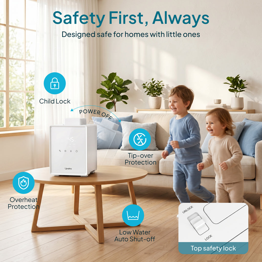Livatro 3L Warm Mist Humidifier – 304 Stainless Steel Tank, Auto-Clean, Sleep Mode (＜25 dB), Child Lock & Auto-Off, ETL Listed