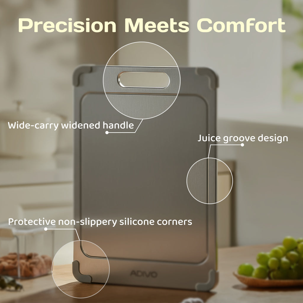 ADIVO Titanium Cutting Board, Double-Sided 100% Pure Titanium, Non-Porous Easy Clean with Juice Groove & Non-Slip Corners