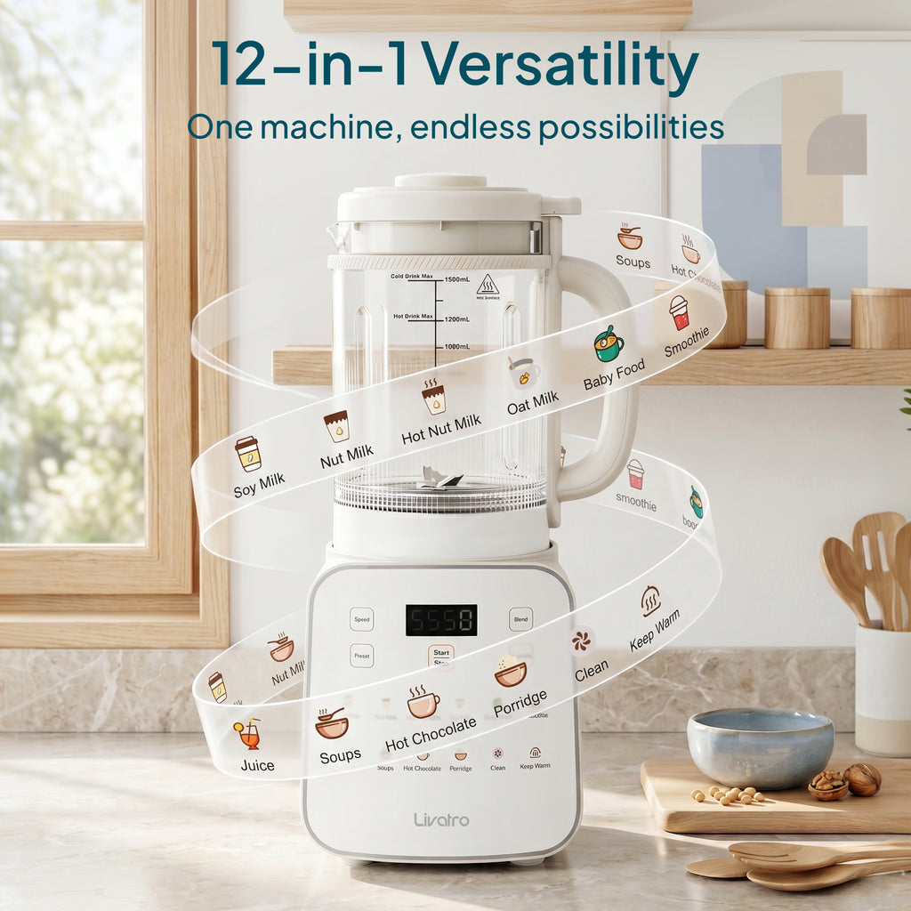 Livatro Nut Milk Maker – 50.7oz, 12-in-1 Automatic, Detachable Glass Jar, Self-Clean, 24H Delay & Keep Warm, BPA Free