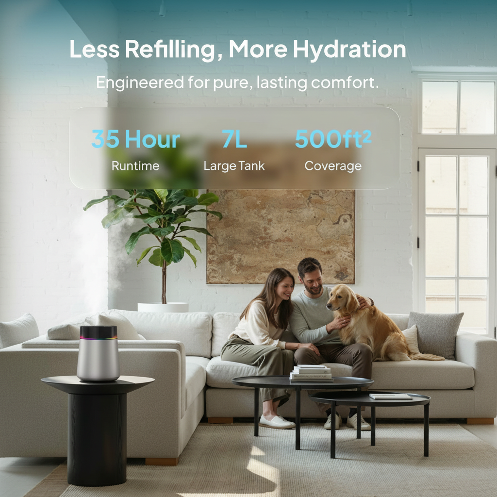 7L Ultrasonic Cool Mist Humidifier for Bedroom & Large Room, Top Fill, 24dB Quiet, 3 Mist Levels, Easy Clean, Dishwasher Safe