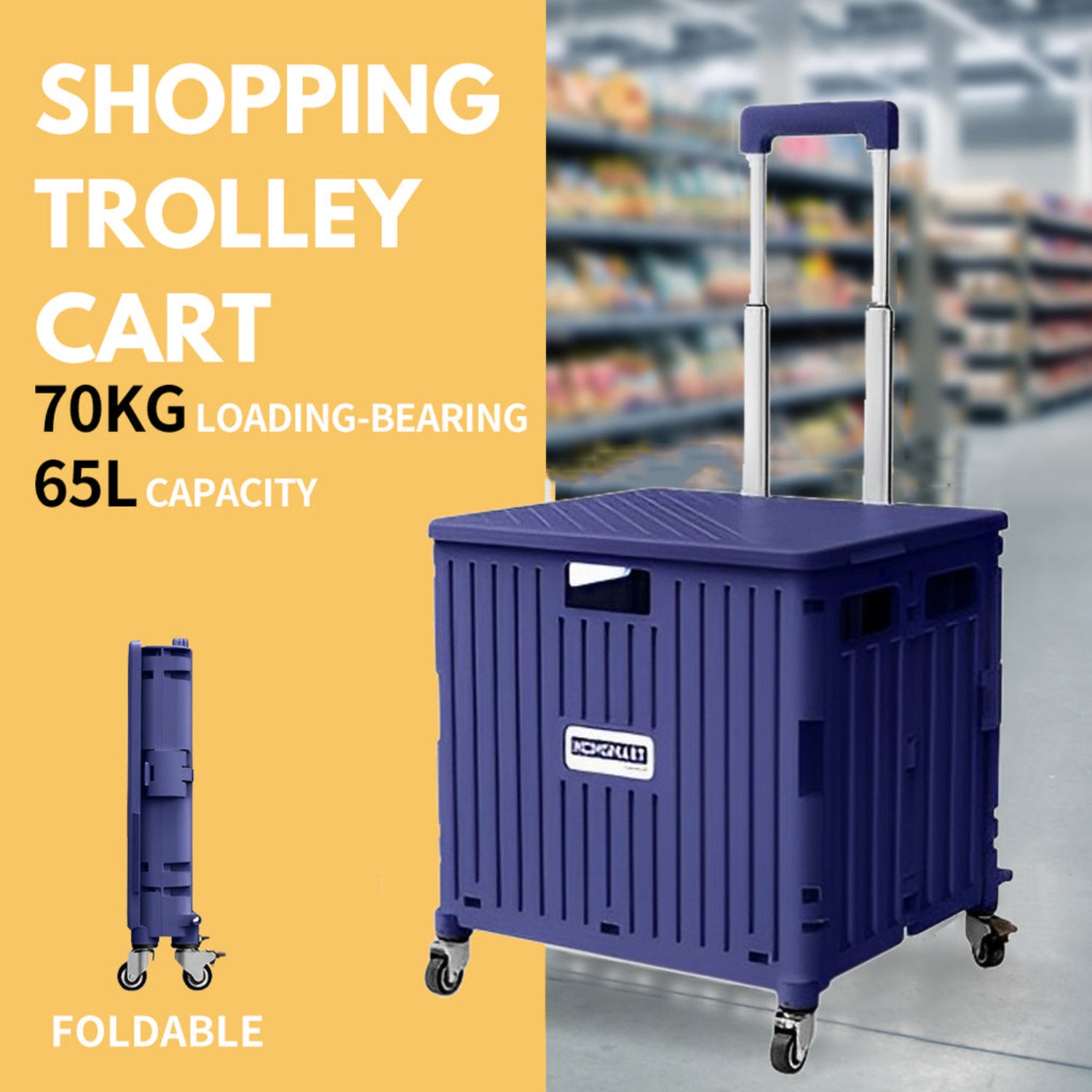 Viviendo 65L Foldable Shopping Trolley Cart Portable Grocery Basket Rolling Wheel with Top Cover