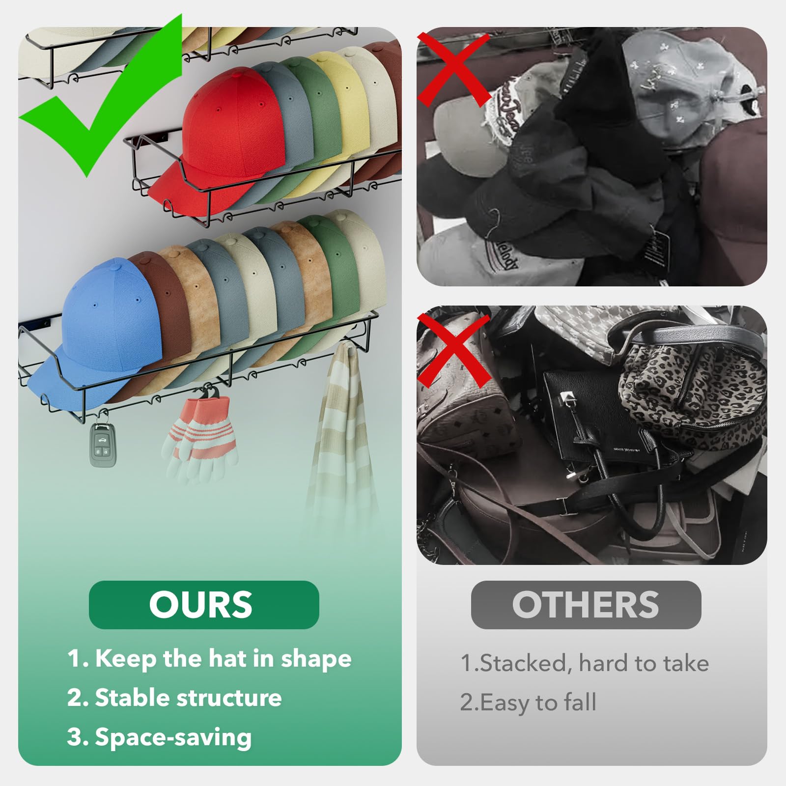 Wall Hat Racks for Baseball Caps, 3-Pack Hat Rack for Each Holder Stores Up to 20 Caps