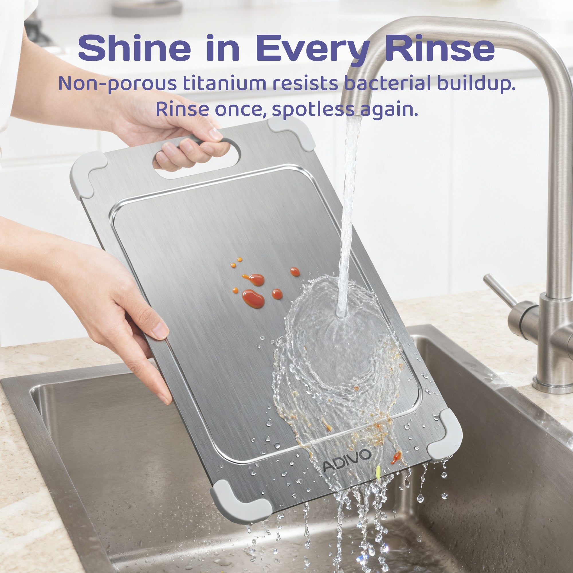ADIVO Titanium Cutting Board, Double-Sided 100% Pure Titanium, Non-Porous Easy Clean with Juice Groove & Non-Slip Corners