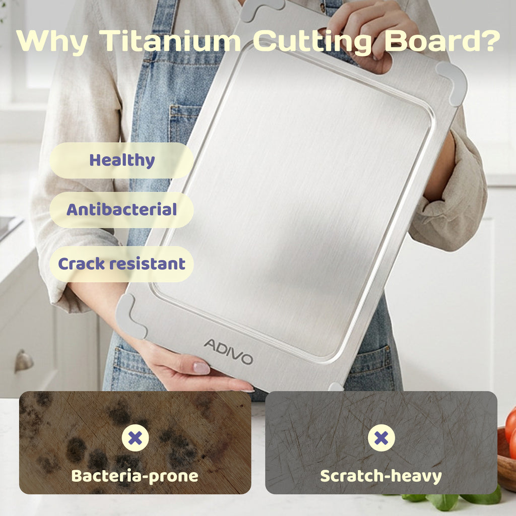 ADIVO Pure Titanium Cutting Board – Non-Porous, Easy Rinse, Double-Sided with Juice Groove & Non-Slip Corners