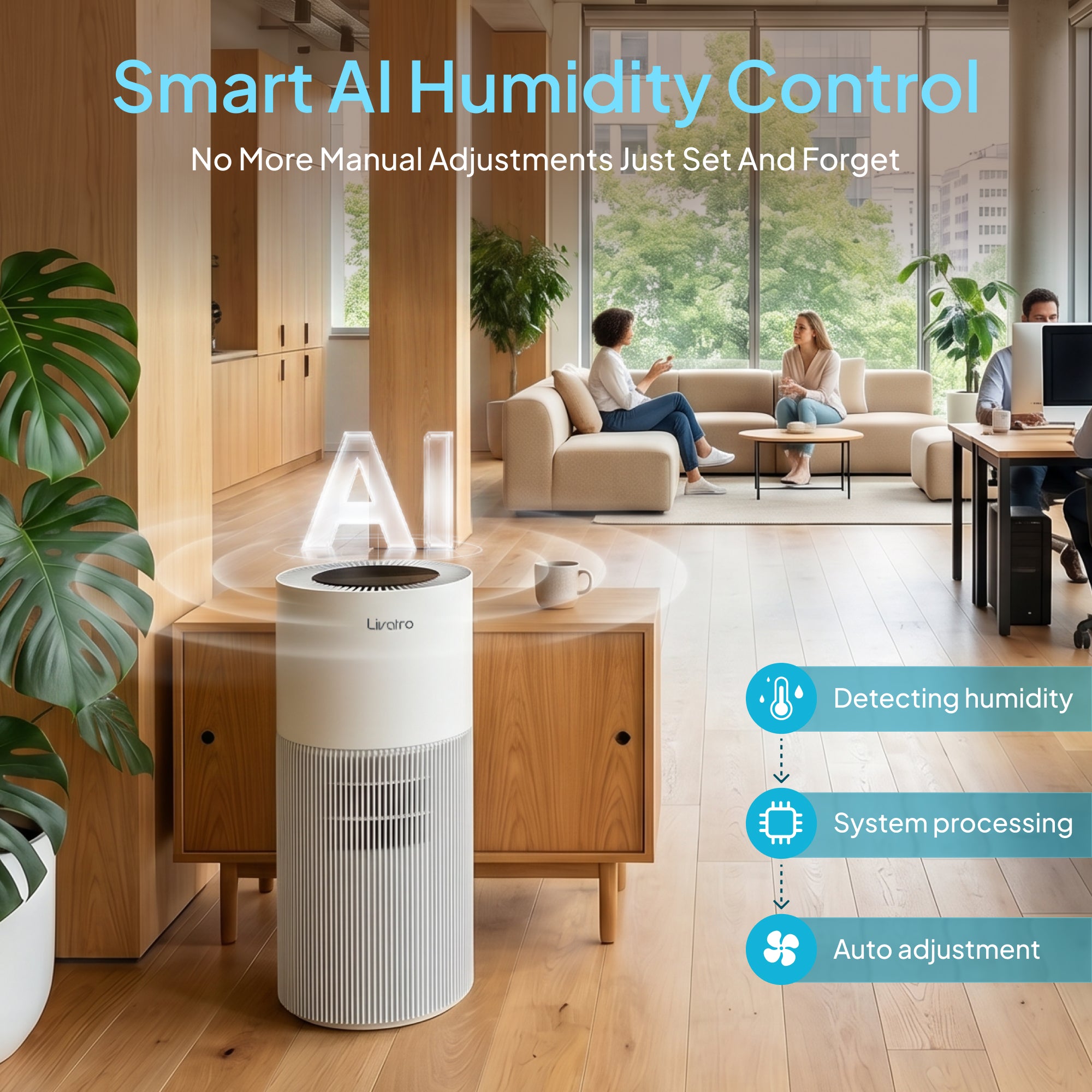 Livatro 8L Evaporative Humidifier – Top Fill, Auto-Dry Filter, Invisible Mist, AI Humidity Control, 28dB, Covers 1000 sq ft