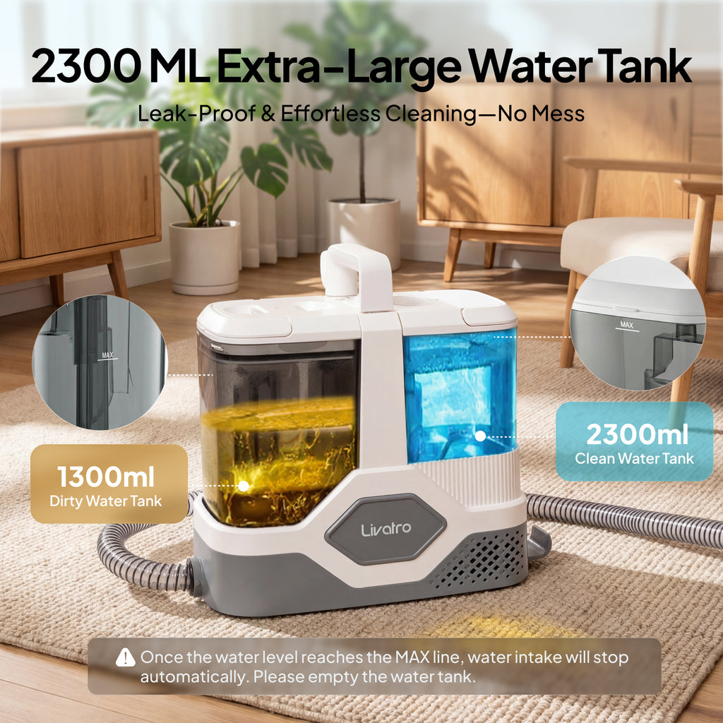 Livatro Upholstery Cleaner Machine – 16kPa Suction, 600W, 2300ml Tank, Self-Cleaning Hose, Portable Carpet & Sofa Spot Cleaner