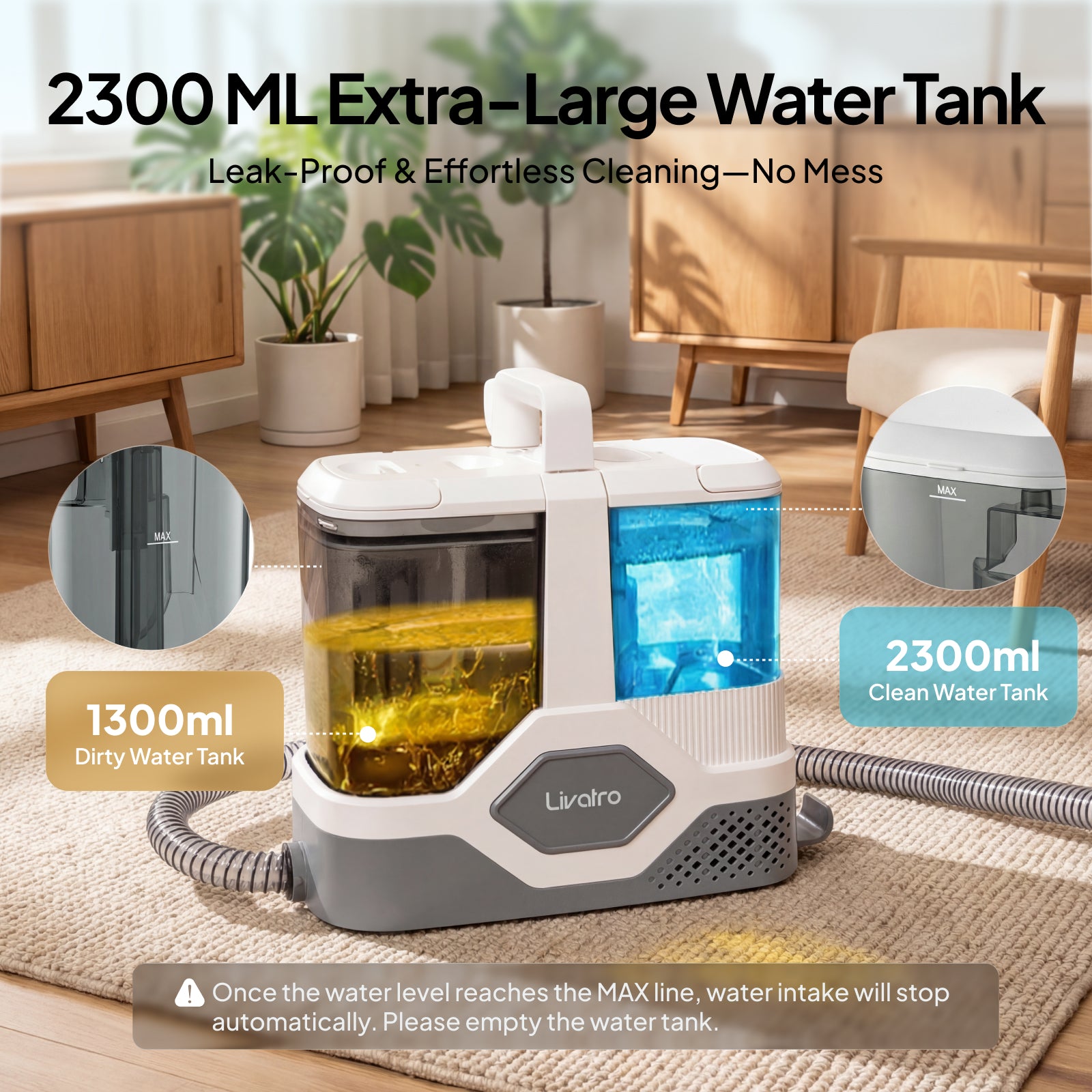 Livatro Upholstery Cleaner Machine – 16kPa Suction, 600W, 2300ml Tank, Self-Cleaning Hose, Portable Carpet & Sofa Spot Cleaner