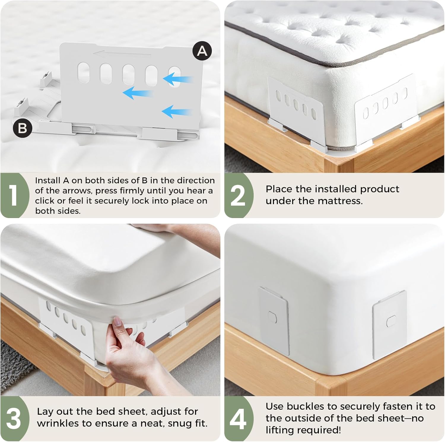 Faunna Bed Lock Sheet Holders, Upgrade Straps Keep Sheets Firm & Tight, Fitted Sheet Clips for Corners, Easy One-Time Installation, White