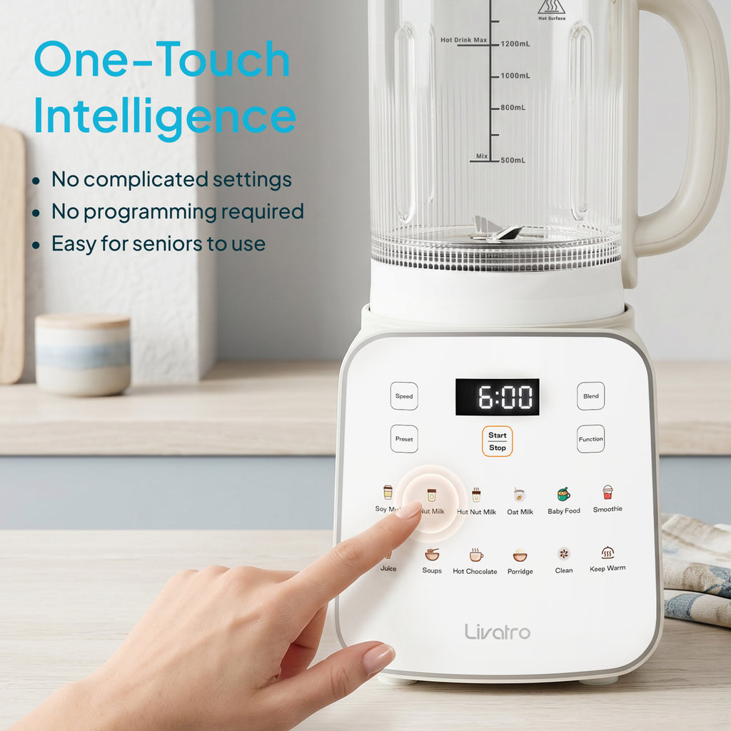 Livatro Nut Milk Maker – 50.7oz, 12-in-1 Automatic, Detachable Glass Jar, Self-Clean, 24H Delay & Keep Warm, BPA Free