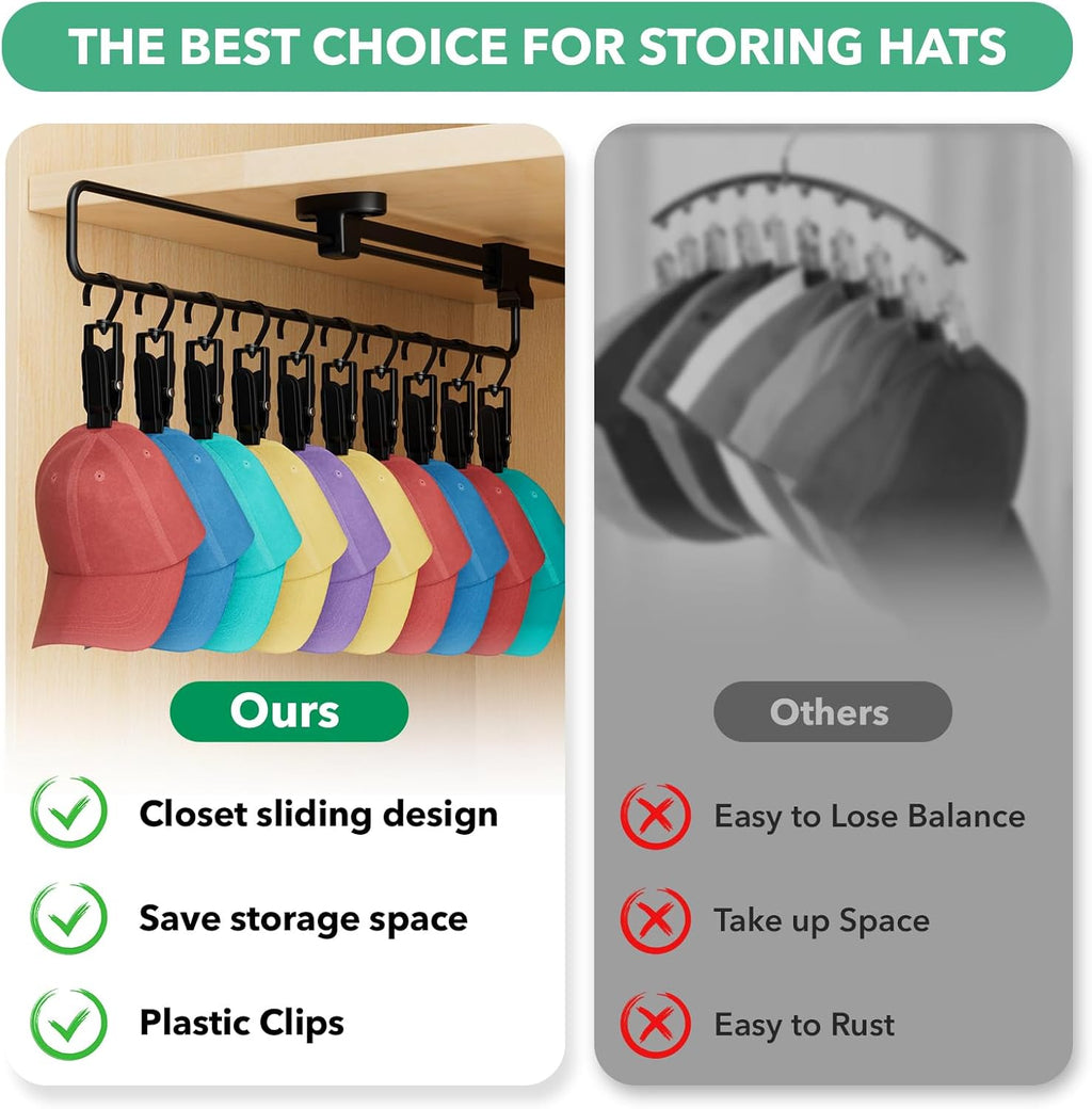 Closet Hat Rack with 20 Clips, Sliding Organizer for Caps, Beanies & Sun Hats, 2 Pack Hanging Storage for Closet Rods, Black