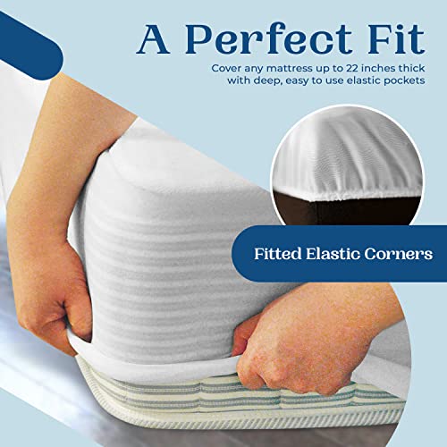 FeelAtHome Waterproof Mattress Cover Twin - 100% Cotton Terry, Soft, Breathable, Noiseless, Fitted Protector, White